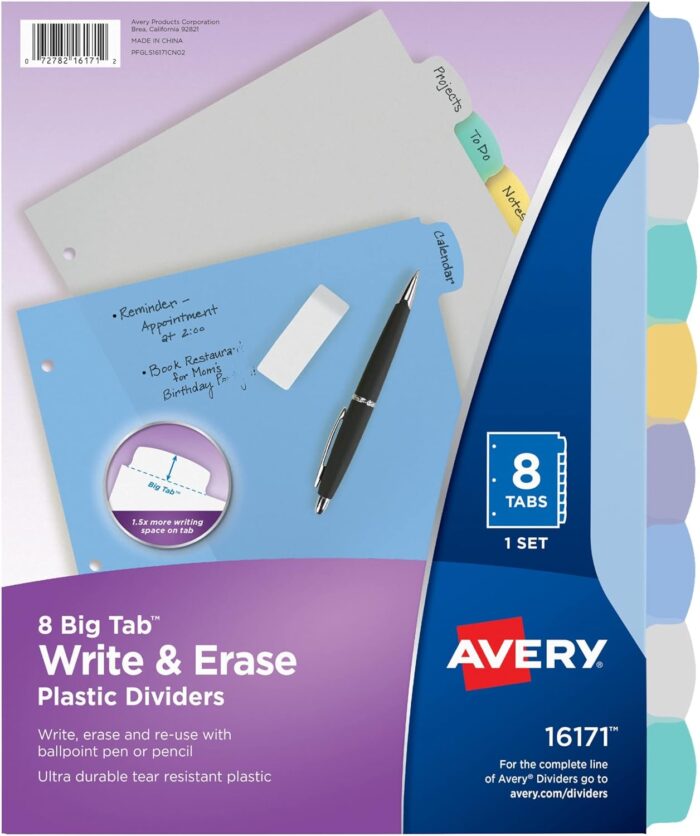 Avery 8-Tab Plastic Binder Dividers,Translucent Multicolor