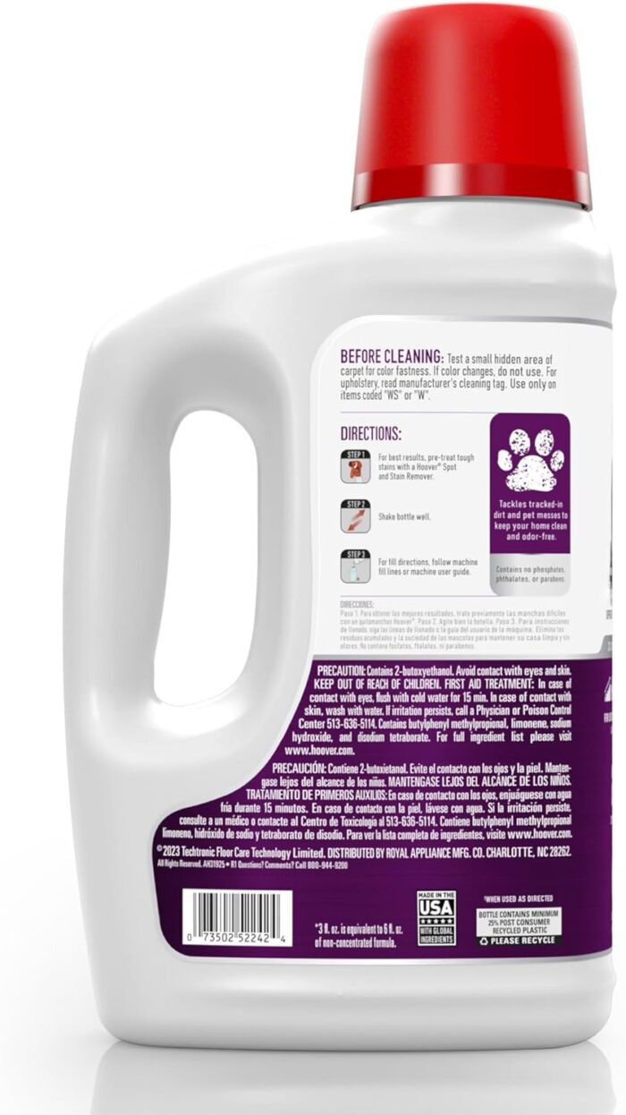 Hoover Paws & Claws Deep Cleaning Carpet Shampoo with Stainguard, Concentrated Machine Cleaner Solution for Pets, 64oz Formula, AH30925, White, (Package May Vary) - Image 2