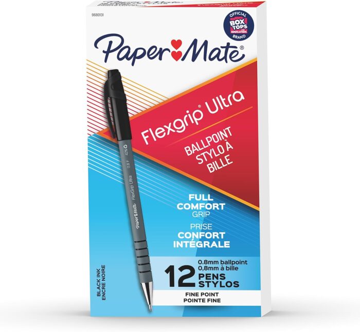 Paper Mate Flexgrip Ultra Stick Fine Point Ballpoint Pens, 12 Black Ink Pens (9680131)