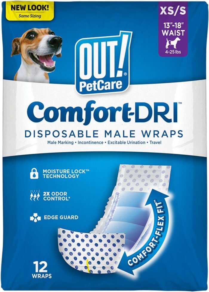 OUT! Pet Care Disposable Male Dog Diapers | Absorbent Male Wraps with Leak Proof Fit | XS/Small, 12 Count