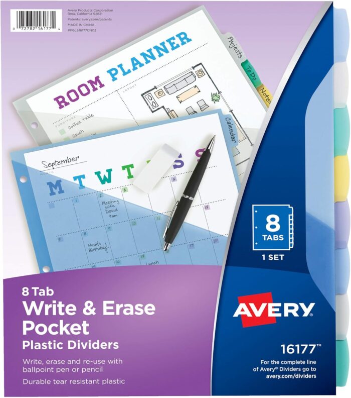 Avery Write & Erase Pocket Plastic Dividers for 3 Ring Binders,1 Set (16177)