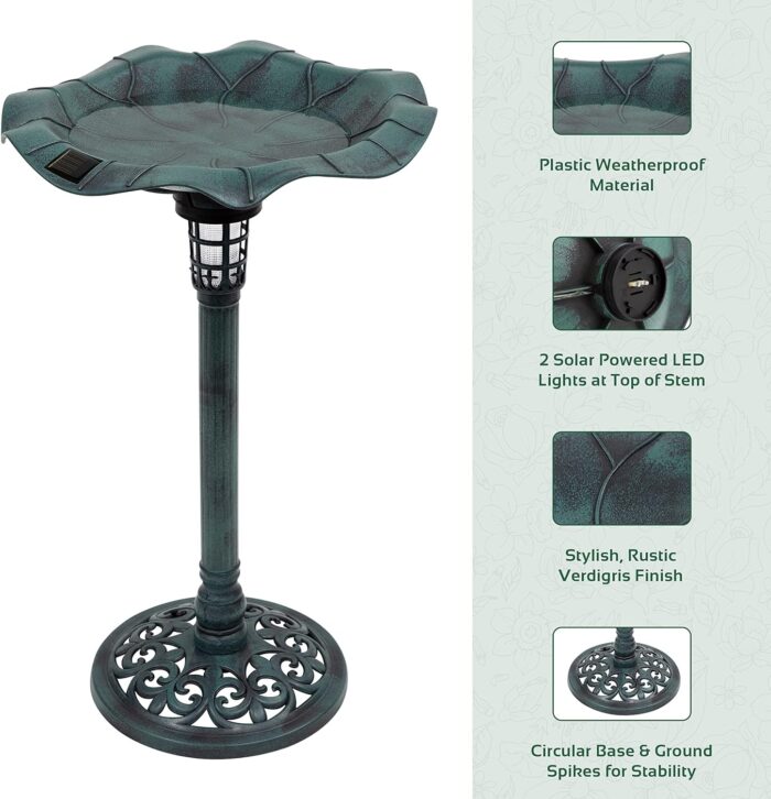 GardenKraft 17430 Bird Bath with Solar Powered Light & Verdigris Metal Effect - Image 4