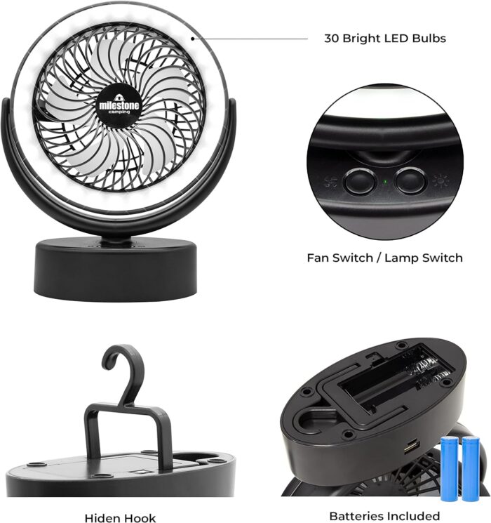 Milestone Camping 53629 2 in 1 LED Light Camping Fan - Image 3