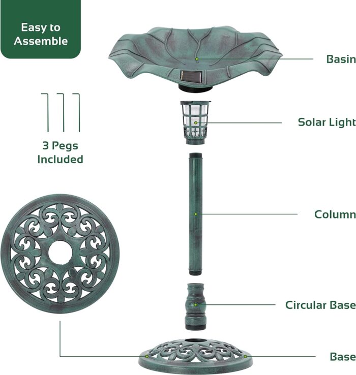 GardenKraft 17430 Bird Bath with Solar Powered Light & Verdigris Metal Effect - Image 3