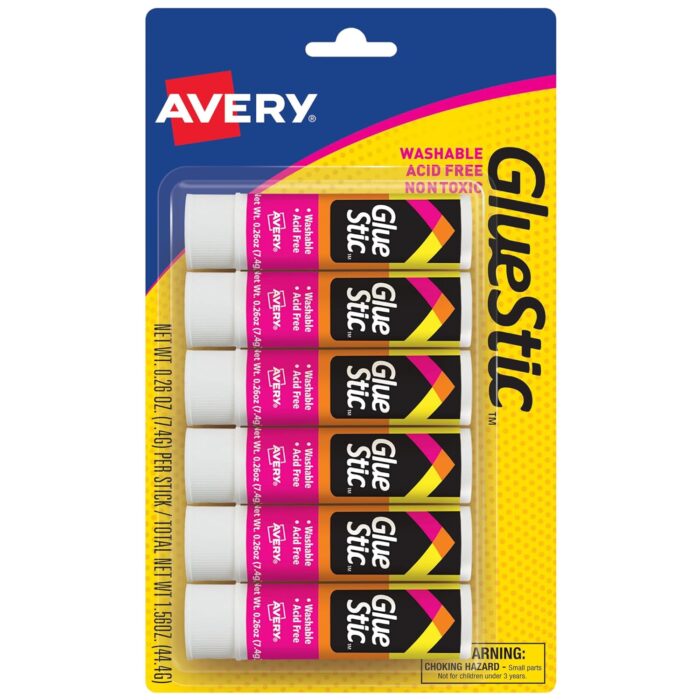 Avery Glue Stick White, Washable, Nontoxic, 0.26 oz. Permanent Glue Stic, 6pk (98095)