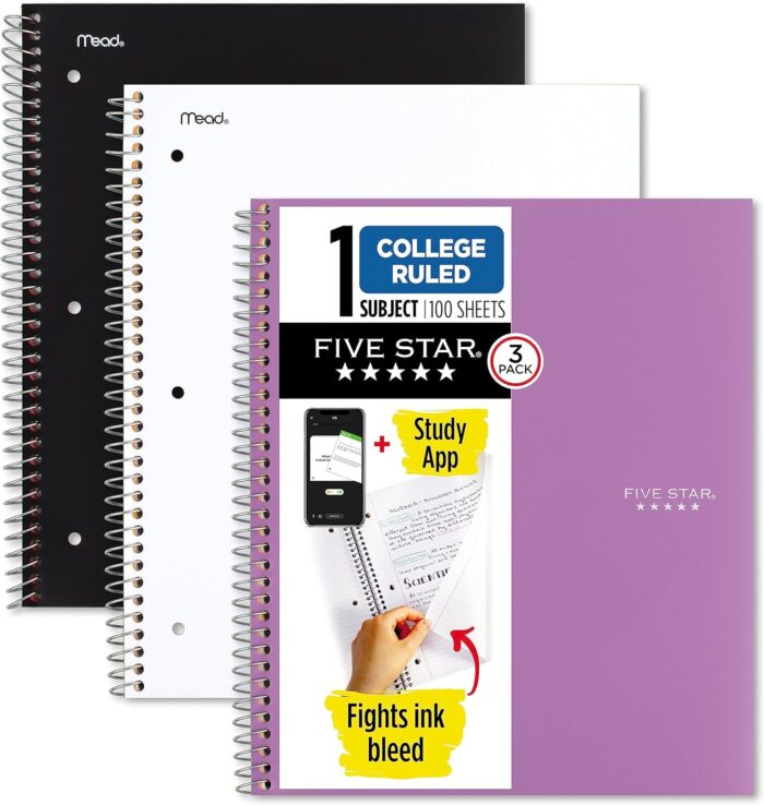 Five Star Spiral Notebooks + Study App, 3 Pack